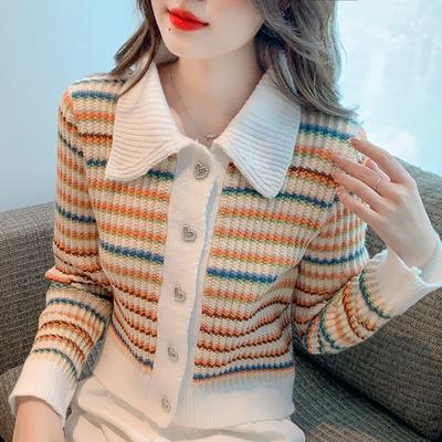 French Vintage Colorful Stripes Knitted Cardigan Sweater Autumn/Winter Sweet Doll Neck Long Sleeve Sweater Cardigan Coat Female
