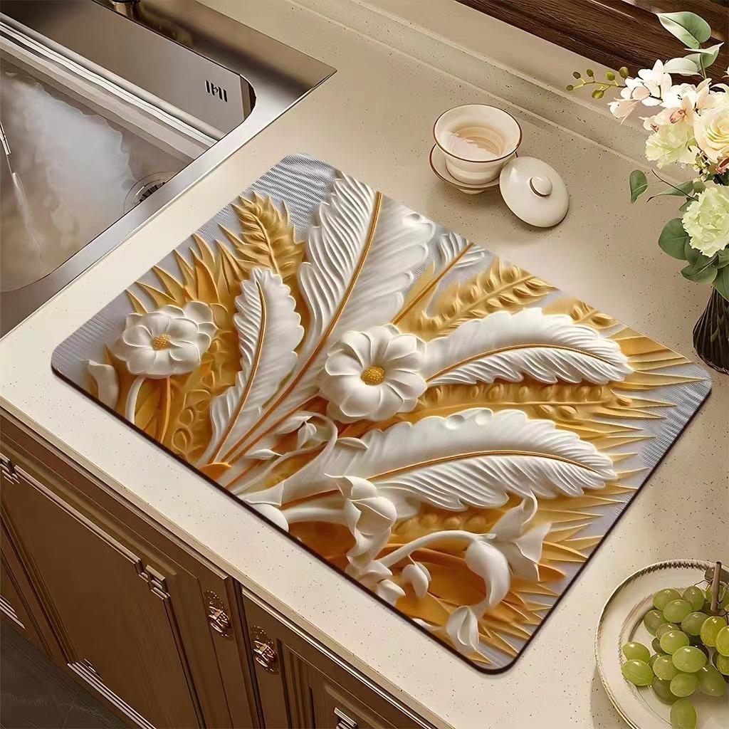 Flower Printed Drain Pad Rectangular Coffee Machine Drying Mat Absorbent Drain Dish Pads Tableware Sink Rugs Placemat