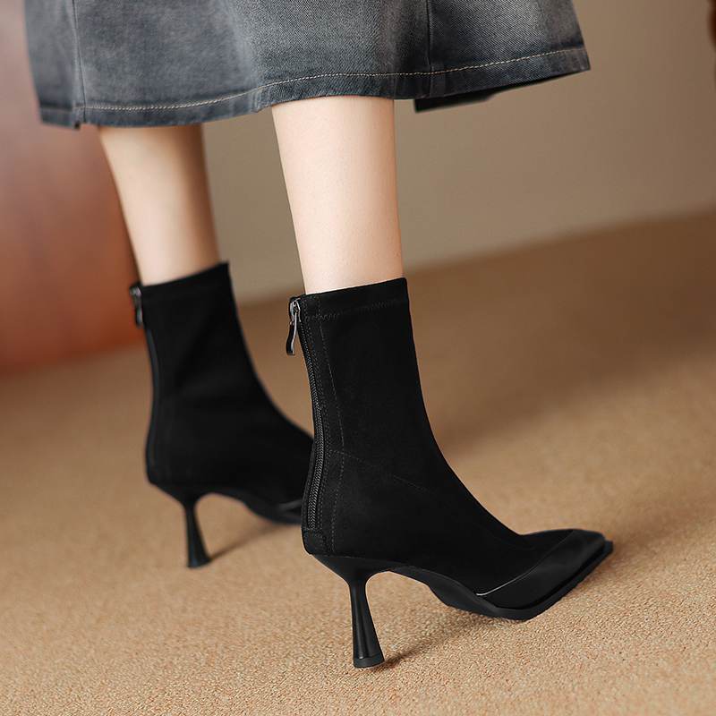 Krazing Pot Flock Autumn Winter Shoes Stiletto Thin High Heels Big Size 40 Modern Boots Pointed Toe Keep Warm Zip Ankle Boots
