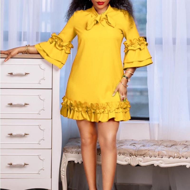 

YYFS Женская мода весна осень однотонный принт длинный рукав свободная талия повседневные платья XXXL жёлтый