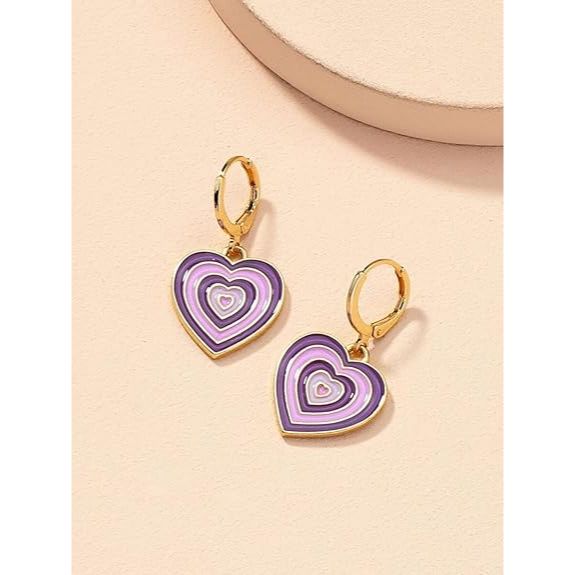 1 Pair Cute Gradient Color Heart-shaped Hoop Earring- Vintage Colorful Enamel Love Heart Dangle Drop Earring for Women Girl Teen 14K Gold Plated
