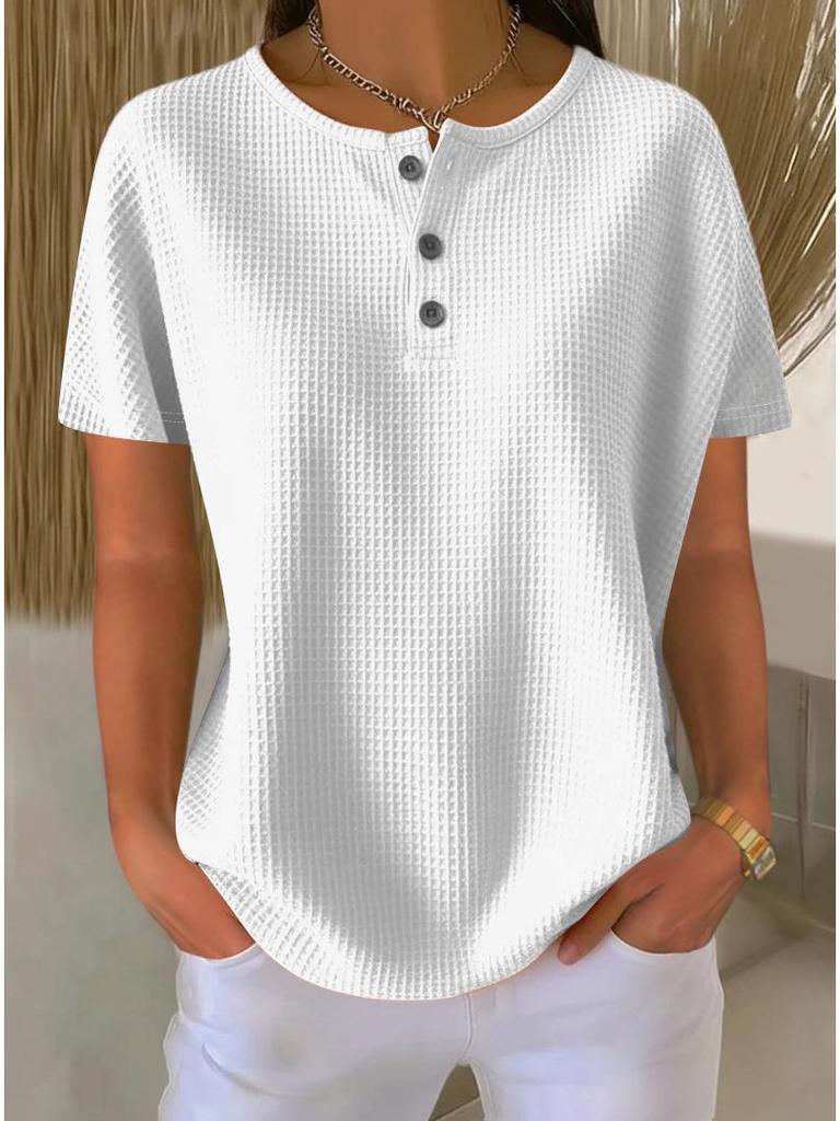 2026 Summer Solid Color Waffle Knit Round Neck Short Sleeve Top