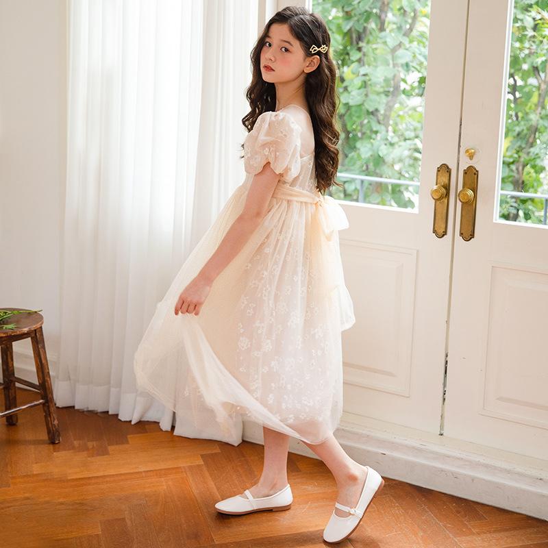 

Платье для девочек, летнее сетчатое платье с объемными рукавами, 2023 г., детское платье принцессы 160cm абрикосовый