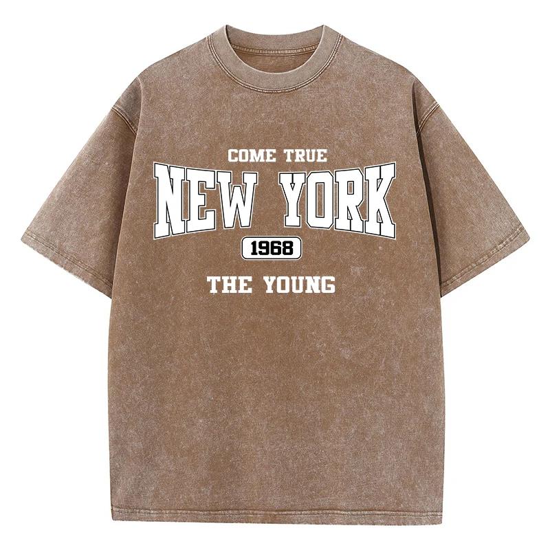 New York Cotton Washed T Shirts Womens Come True The Young Prints T-Shirt Distressed Oversize O-Neck Tops Clothes