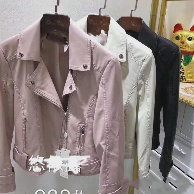 Jaqueta de Motociclista Feminina de Couro Lavado - Estilo Curto de Primavera 2023 para Senhoras