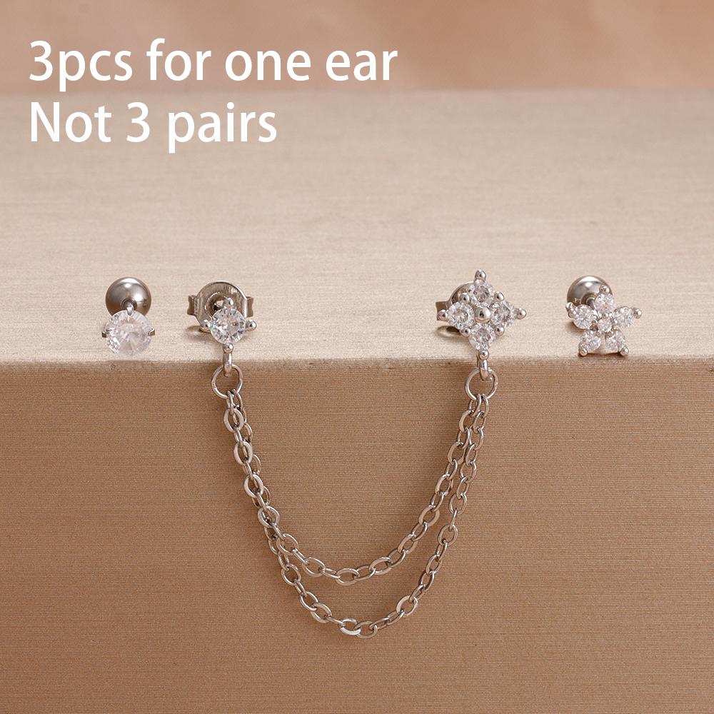 3PCS Simple Fashion Blue Flower Drop Earrings Set For Women Girl 18K Gold-Plated Zirconia Star Sun Stud Earring Piercing Jewelry