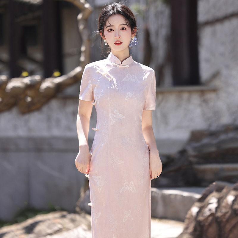 Pink Modern Chinese Style Long Cheongsam Dress Women 2026 Vintage Inspired Daily Wear With Stand Collar