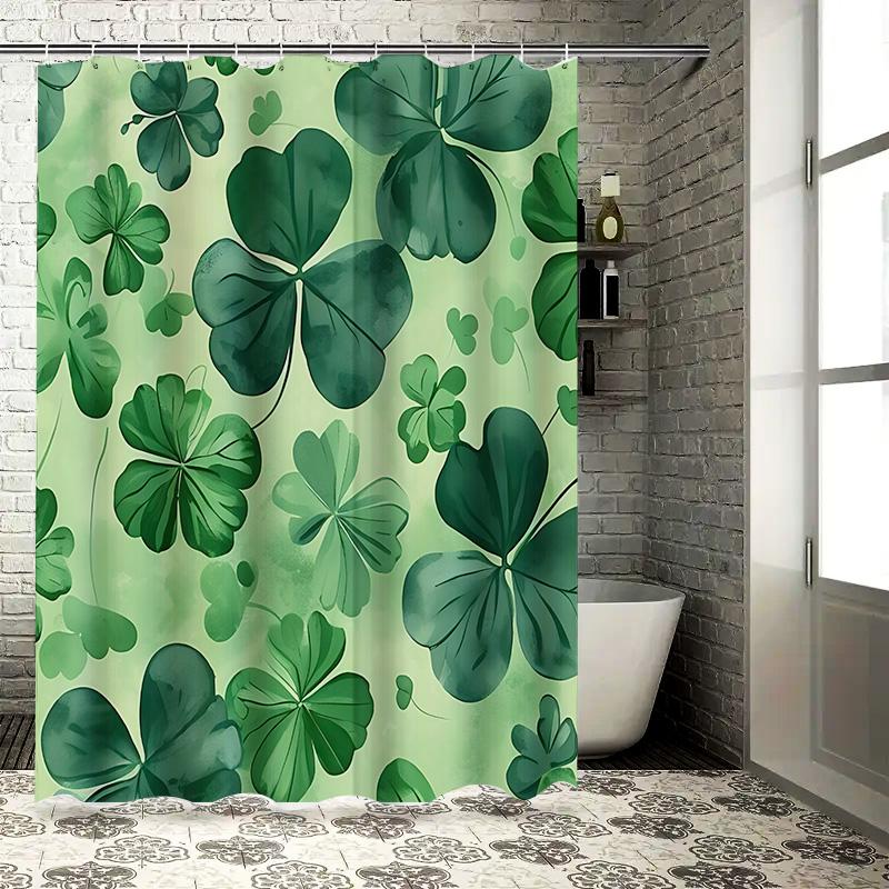 

St Patrick S Day Bath Curtain Four Leaf Clover Green Art Watercolor Background Hanging Rings Decorative Choice Elevate Space W60H190(CM)-1 Pcs