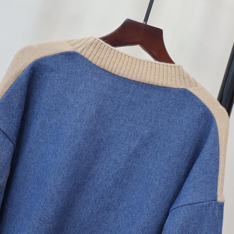 Denim Splicing Knitted Cardigan 2025 Autumn and Winter New Loose Casual Fashion Versatile Lazy Sweater Jacket