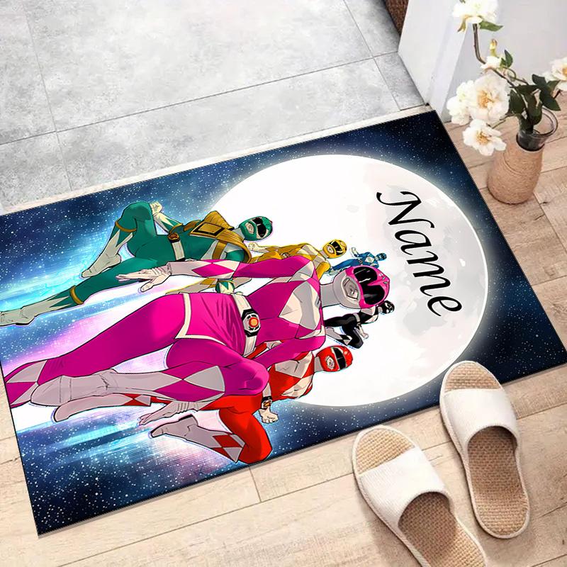Custom Mighty Morphin Power Rangers Mat Personalized Name, Polyester Washable Indoor Entryway Rug, Gift for Christmas, Easter, Thanksgiving Day