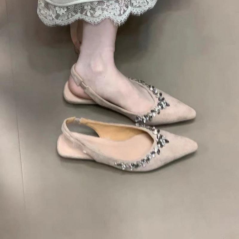 2025 rhinestone flower high heels satin thin heel pointed head bag head French single shoes women's rear empty word belt half drag sandals