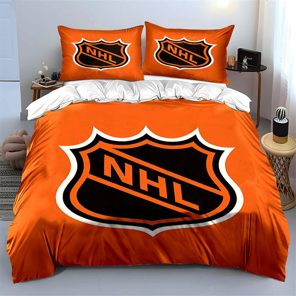 Set Biancheria da Letto Logo NHL Arancione Set Copripiumino Copripiumino Federe (1 * Copripiumino 2 * Federe, senza piumino)