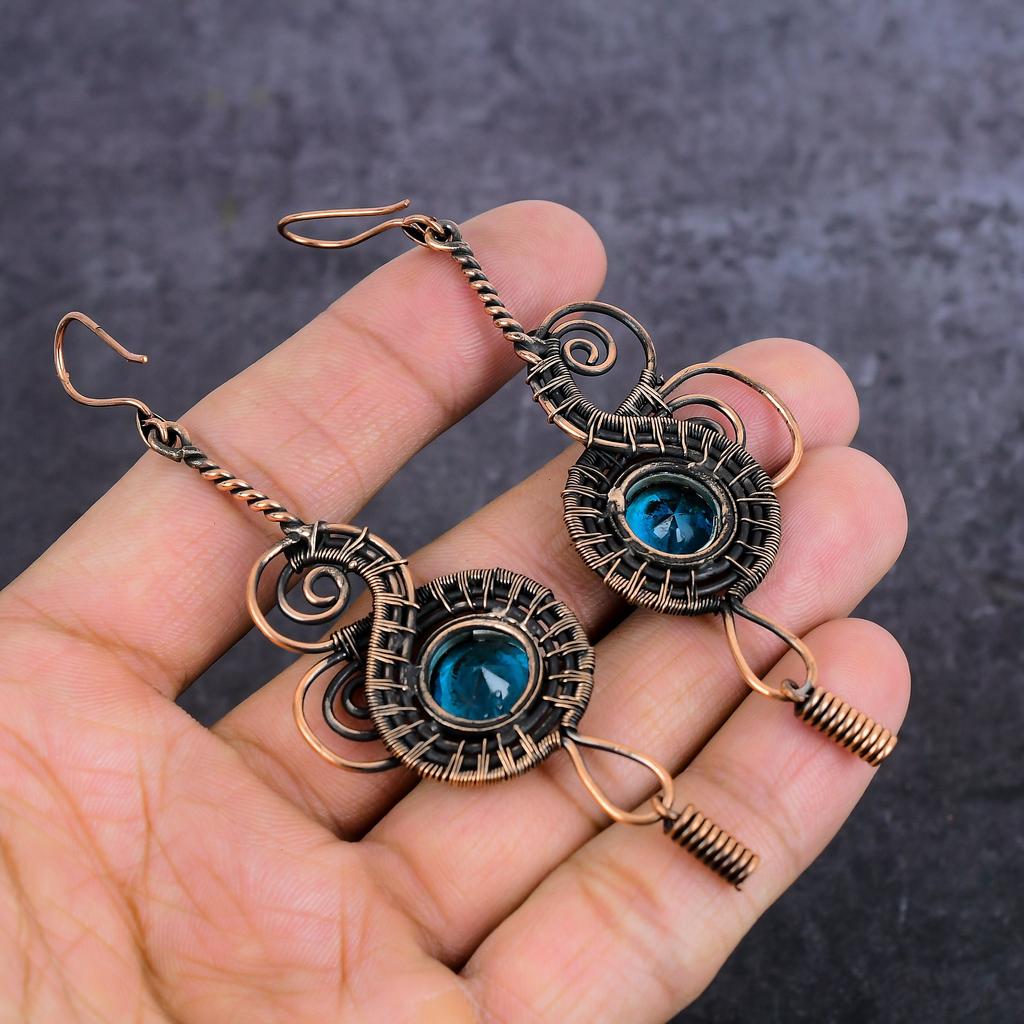 Natural Blue Topaz Gemstone Handmade Copper Wire Wrap Jewelry Earring 3.86" n1E28