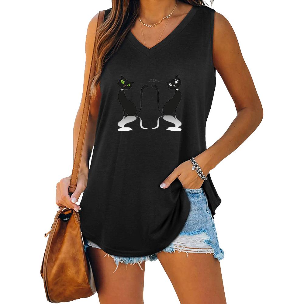 Women Fashion V-neck Sleeveless T-shirt Women Casual Cat Printed Tank Top