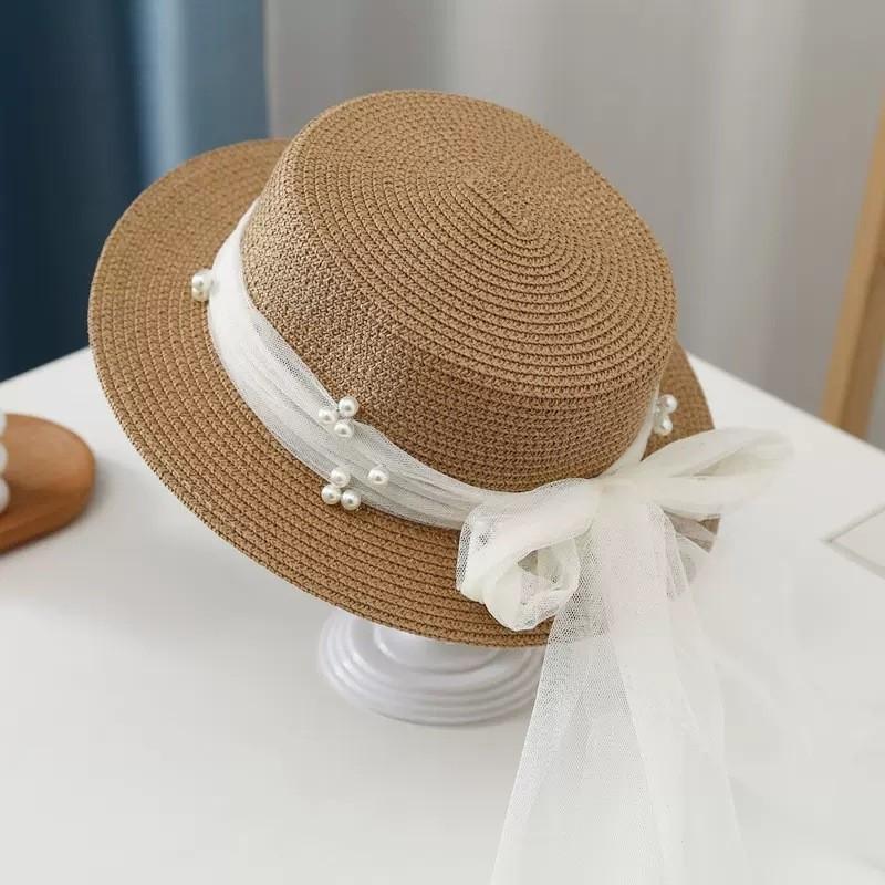 

Chic Children s Lace Pearl Ribbon Straw Hat Summer New Fairy Parent-child Sunshade Wide Brim Flat Top Hat хакі