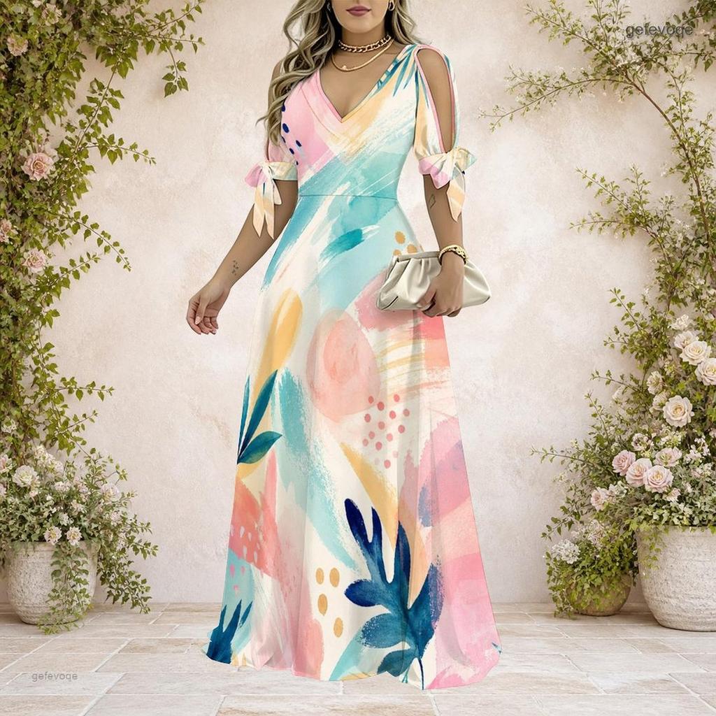 Women Plus Size V Neck Cold Shoulder Tie Cuffs Short Sleeve Black Beige Printed A Line Long Dress