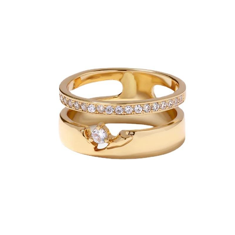 Double-Layer Hollow Micro-Set Diamond Copper Plated 18K Real Gold Ring, Fashionable Commuter Must Enter, Simple Temperament Unique Ring