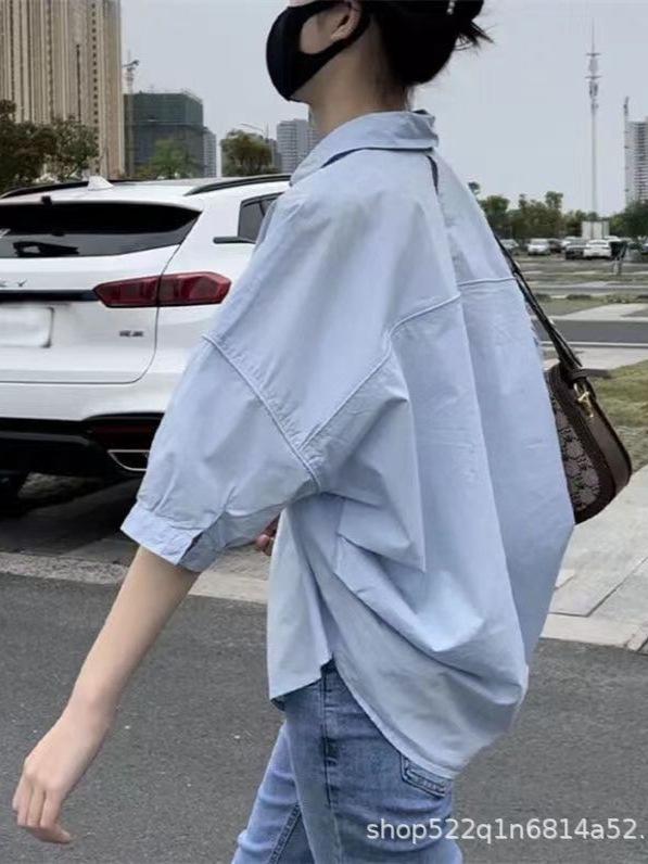 

Летняя рубашка из чистого хлопка в корейском стиле для женщин — новый, универсальный, омолаживающий и шикарный дизайн 3X Large светло-синий