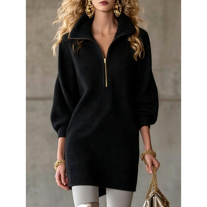 TIFICY Women's Fashion Spring Autumn Solid Color Print Long Sleeve POLO Neck Loose Waistline Casual Dresses