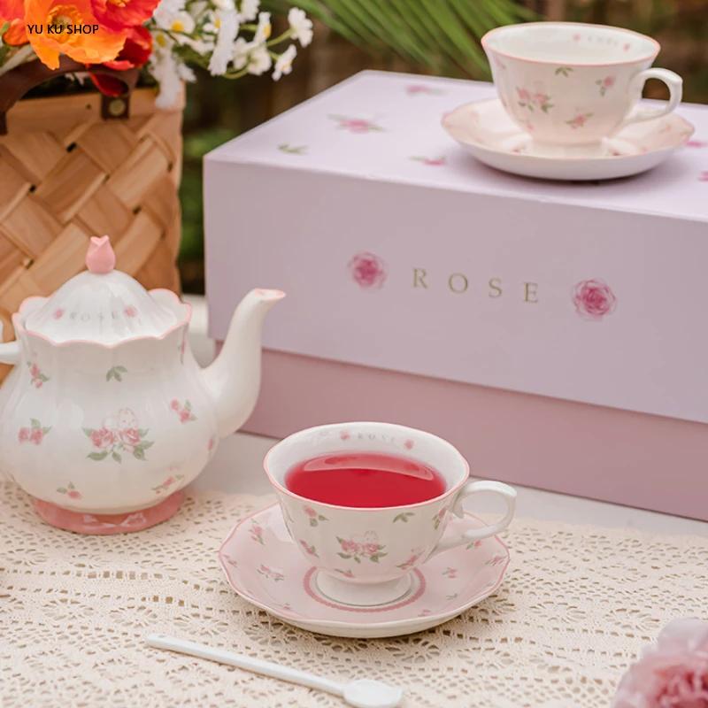 Ceramic Teapot Set Pink Rose Coffee Cup Saucer Espresso Cups Teacup Kitchen Drinkware Coffee Mug Party Presents Birthday Gift