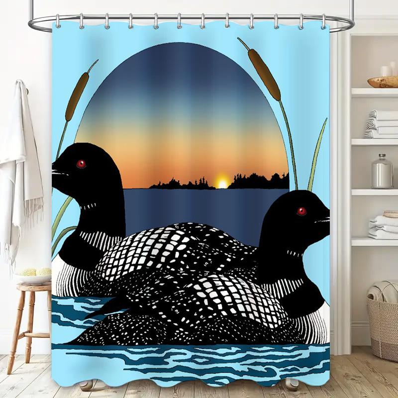 Blue Shower Curtain with Wildlife Print: A Peacock Pair Swimming in Water at Sunset Perfect for Your Bathroom Decor
