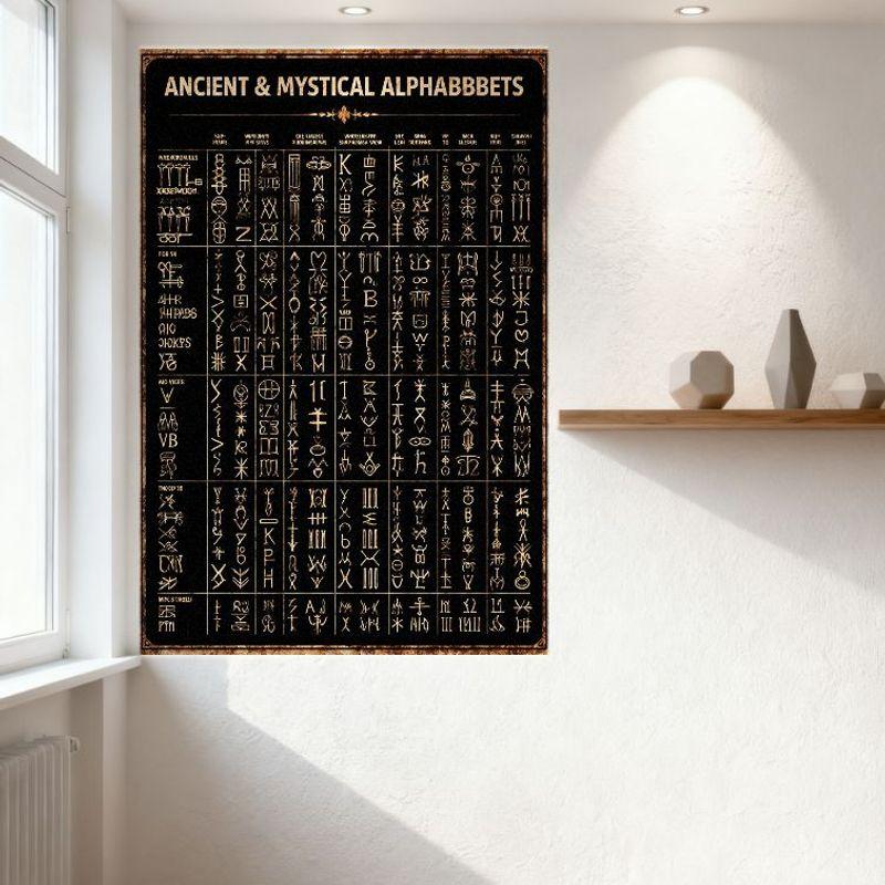 Ancient & Mystical Alphabets Metal Tin Sign Vintage Esoteric Symbols Wall Plaque for Home Decor Bar Club Cafe Wall Art