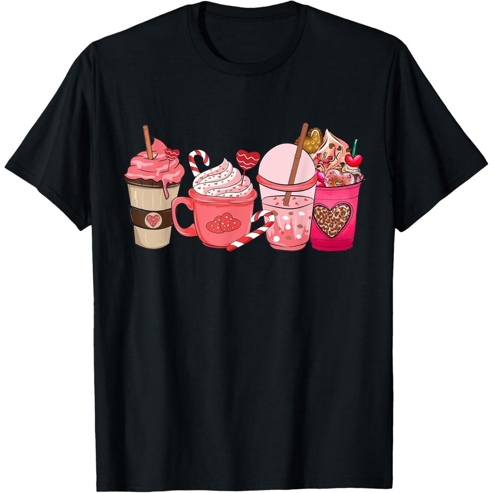 Valentines Day Pink Coffee Cups Latte Iced Cream Cute Hearts T-Shirt XL чёрный