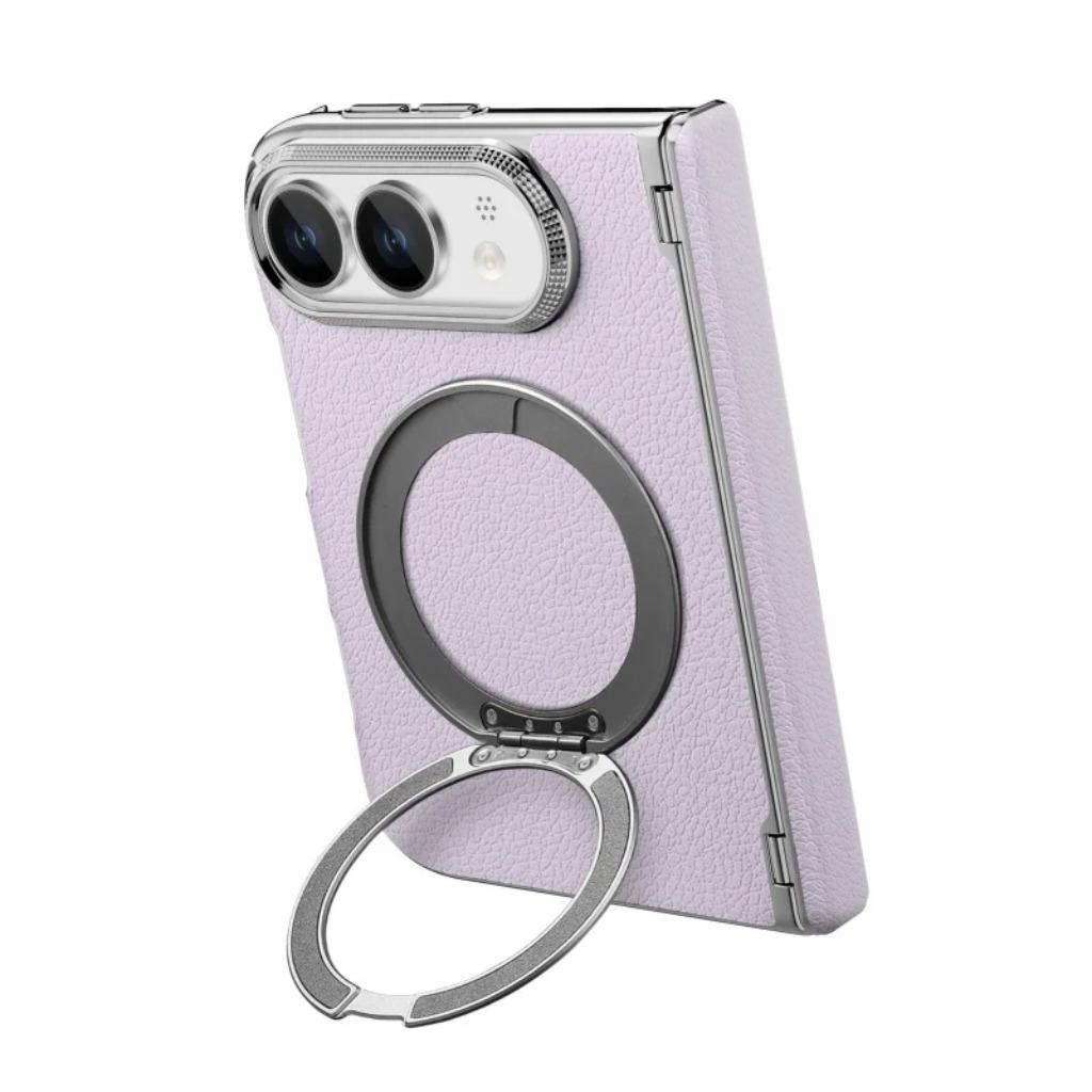 360 ° Rotating Magnetic Ring Kickstand Phone Case for IPhone Duo 18 Fold PU Leather Hinge Protection Wireless Charging Cover