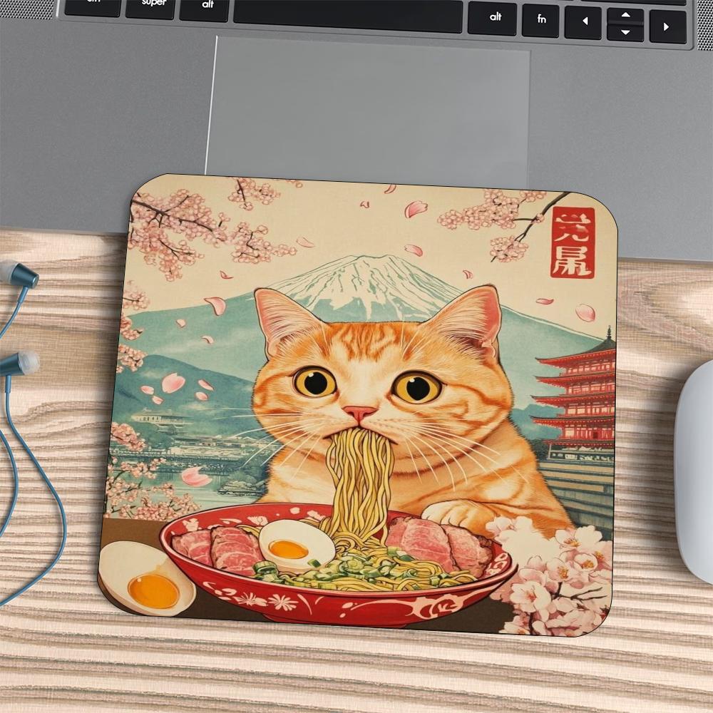 Square Mouse Pad Vintage Japanese Black Cat Ramen Print Stitched Edge Anti‑Slip Rubber Desk Mat for Gaming Working Home Office