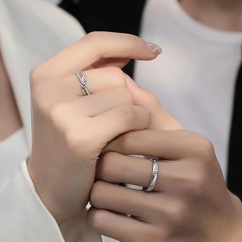 1 Pair Towards Happiness Overlap Opening Couple Ring Copper Plated Platinum Men Women Wheat Shape Finger Jewelry