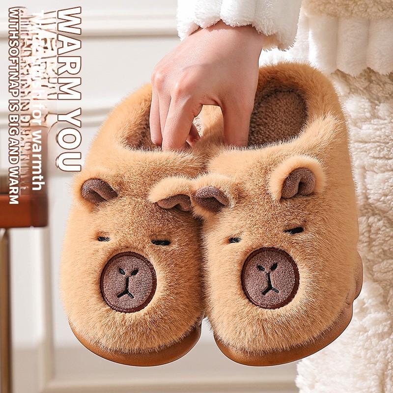 Winter Home Slippers for Couples Warm Plush Neutral Cartoon Cow Indoor Anti Slip Comfortable Cotton Slippers for Men and Women