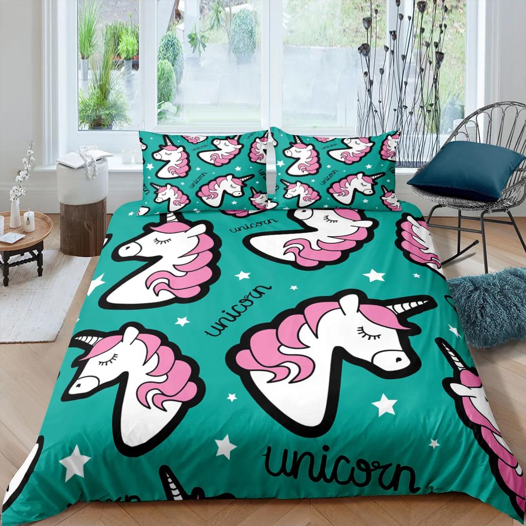 Unicorn Bedding Set King Queen White Pink Unicorn Duvet Cover for Girls Kids Dreamy Cartoon Sparkle Lilac Polyester Quilt Cover