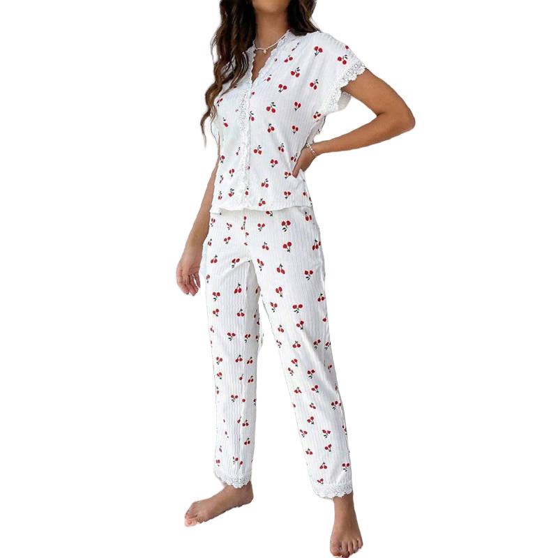 Cherry Print Lace Short Sleeve Pajama Set for Women