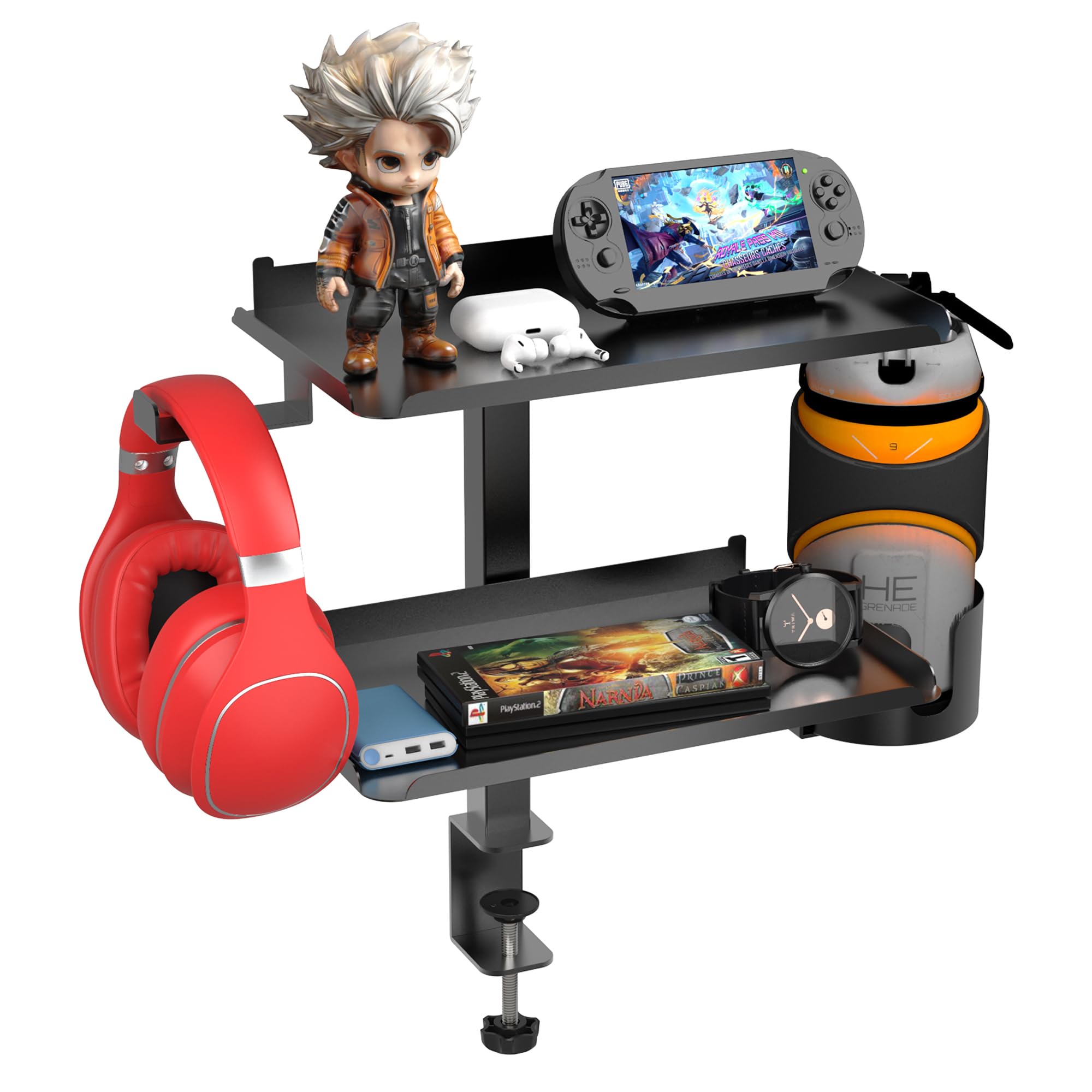 

AP LAB Desk Storage Stand, Desktop Storage Rack [No Drilling Required] with Cup Holder [Efficient Use of Under-Desk Space] and Hooks for Space-Saving