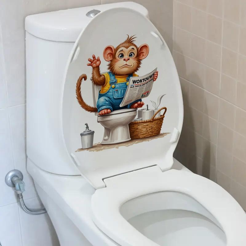 3D Funny Cartoon Monkey Reading Newspaper Toilet Wall Sticker Self-Adhesive Waterproof Removable Bathroom Home Decor Art