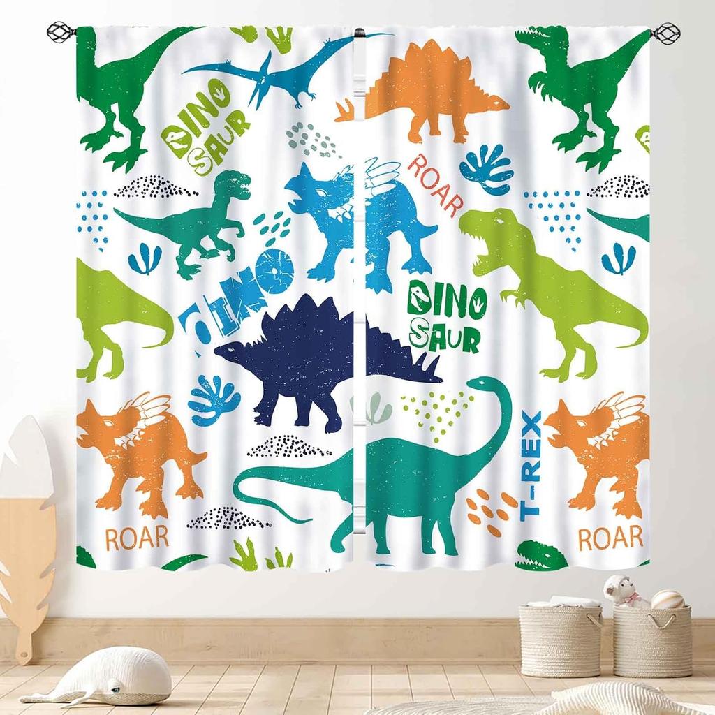 Dinosaur Curtains Boys Room Cartoon Dino Navy Blue Safari Animal Outer Space Planet Astronaut Theme Baby Window Curtain Blackout Polyester