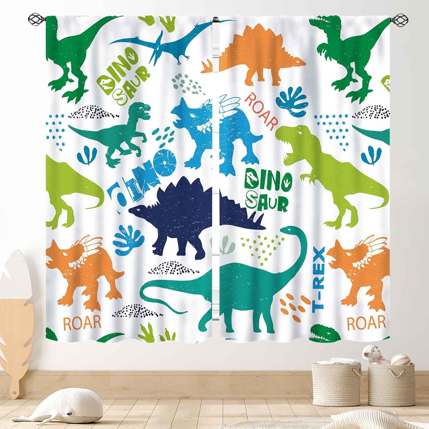 

Dinosaur Curtains Boys Room Cartoon Dino Navy Blue Safari Animal Outer Space Planet Astronaut Theme Baby Window Curtain Blackout Polyester W100*H130(CM)-Hooks&2PCS