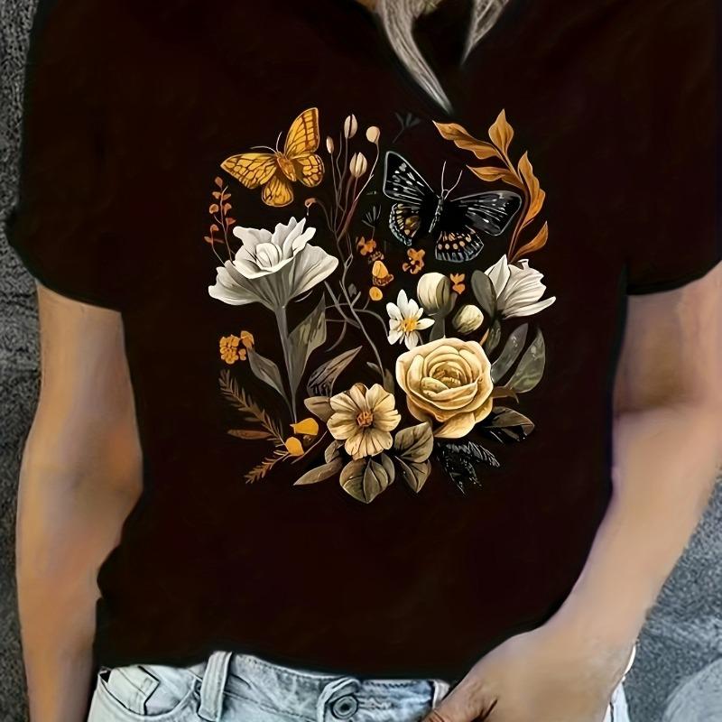 

Women s Casual Round Neck Short Sleeve Oversized T-Shirt Butterfly Pattern Black Fashionable and Elegant S