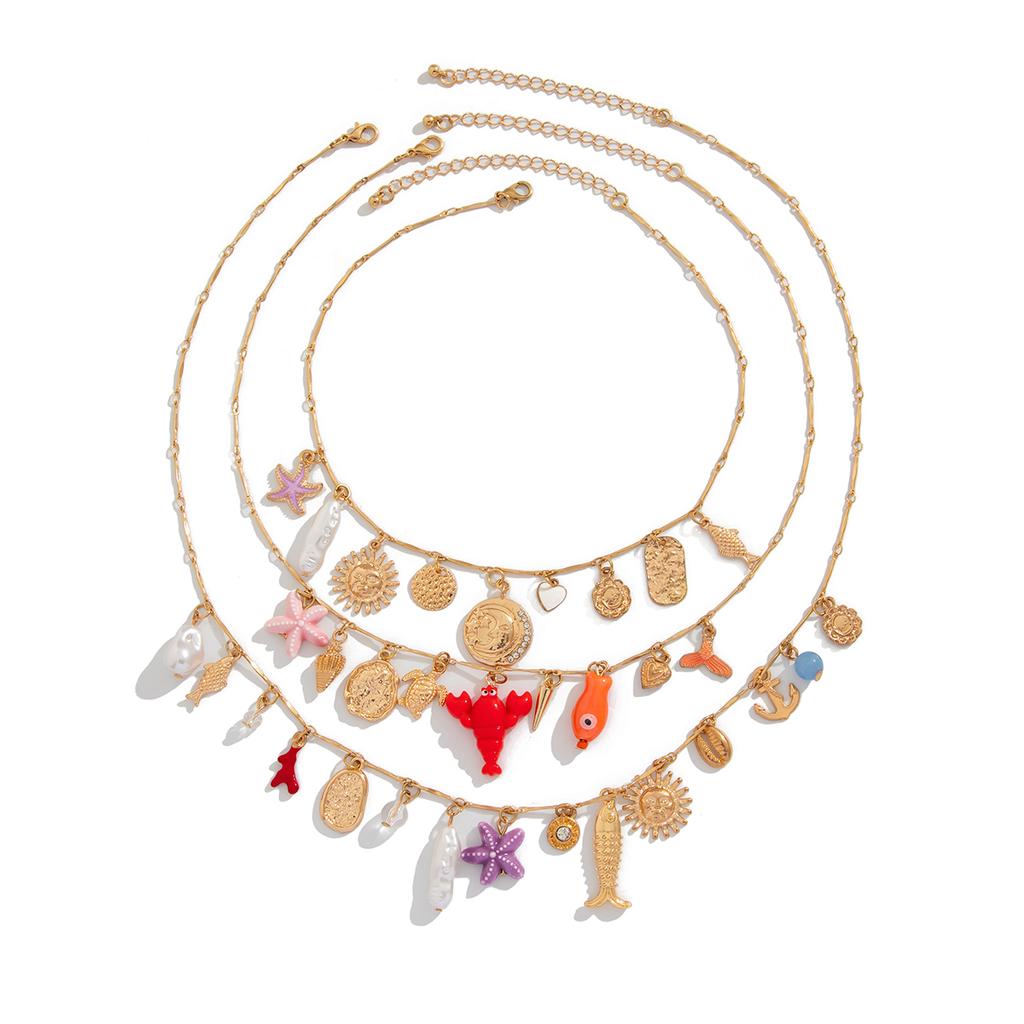 PuRui Bohemia 3Pcs/Set Gold Color Adjustable Imitation Zircon Necklace Summer Ocean Beach Various Types Pendants Necklace Zircon
