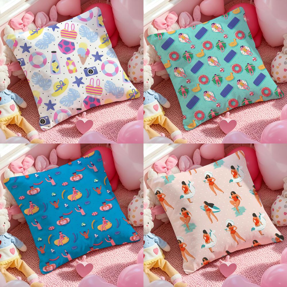 Summer vacation beach cartoon illustration Cushion Pattern Printed Pillowcase for Living Room Sofa Cushion Cover & Bedroom Decor