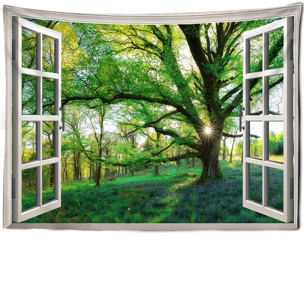 Faux Window Beach Sun Forest Painting Tapestry Wall Hanging Boho Psychedelic Home Decor