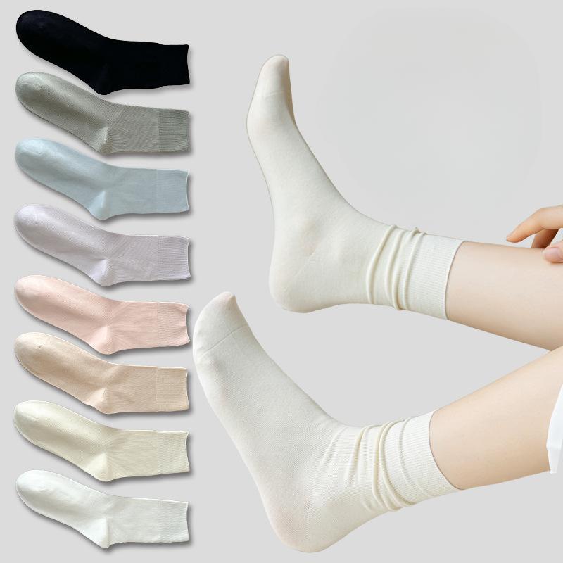 Female Summer Thin Simple Pure Color Loose Mouth Boneless Breathable Moon In The Tube Stack Socks
