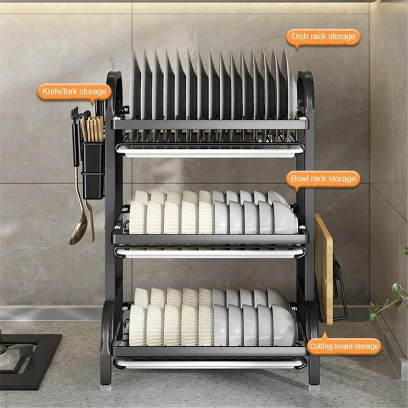 Dish Rack, Three-Tier Space-Saving Kitchen Countertop Utensil Holder, Large Capacity Dish Drainer, Suitable for Tableware