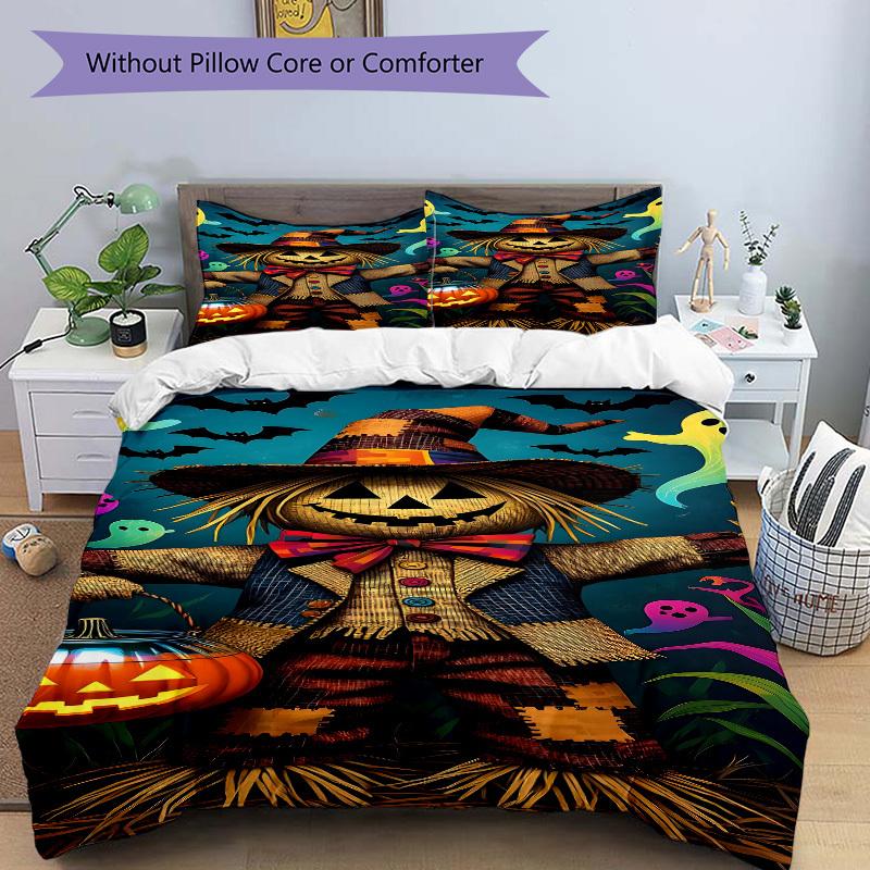 3pcs Halloween Scarecrow Bedding Set - 1 Duvet Cover + 2 Pillowcases(Core Not Included), Machine Washable Polyester, All-Season Comfort, Bed
