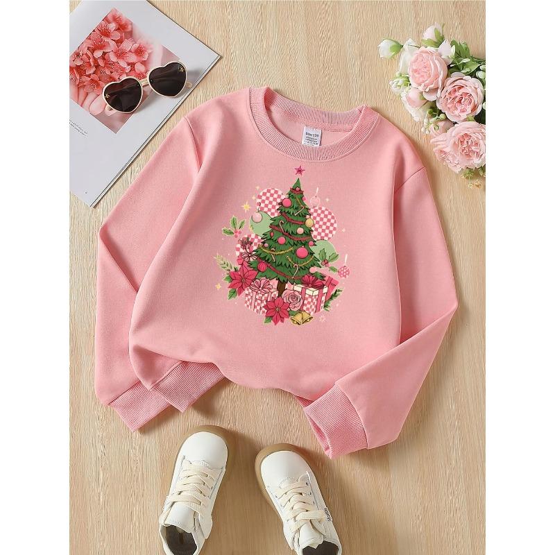 European Sizes Stylish Crewneck Sweatshirt for Girls with Christmas Tree, Gifts, Ornaments & Bells, Long-Sleeved Casual Top