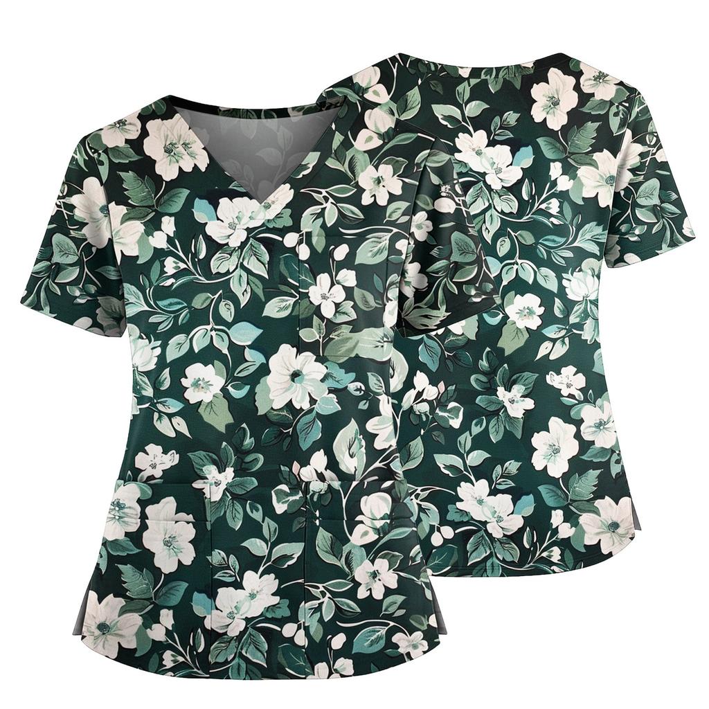 Damen Casual Bedrucktes V-Ausschnitt Taschen Seitennaht Schlitz Kurzarm Top