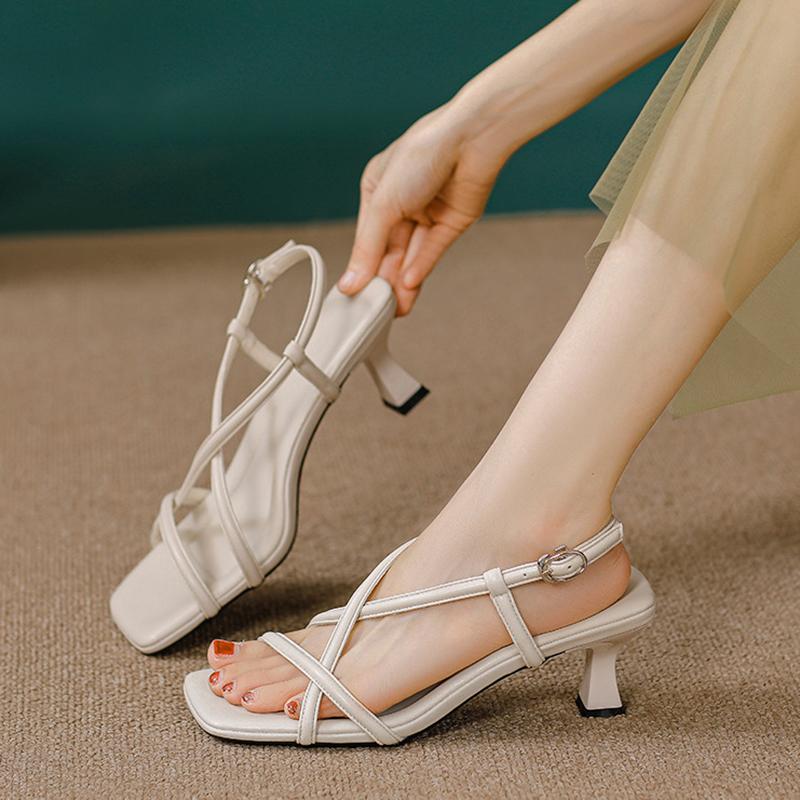 

Fashion 2025 summer narrow band gladiator sandals women strange high heels sandalias mujer elegant ankle strap sandalias de tacón 34 бежевый