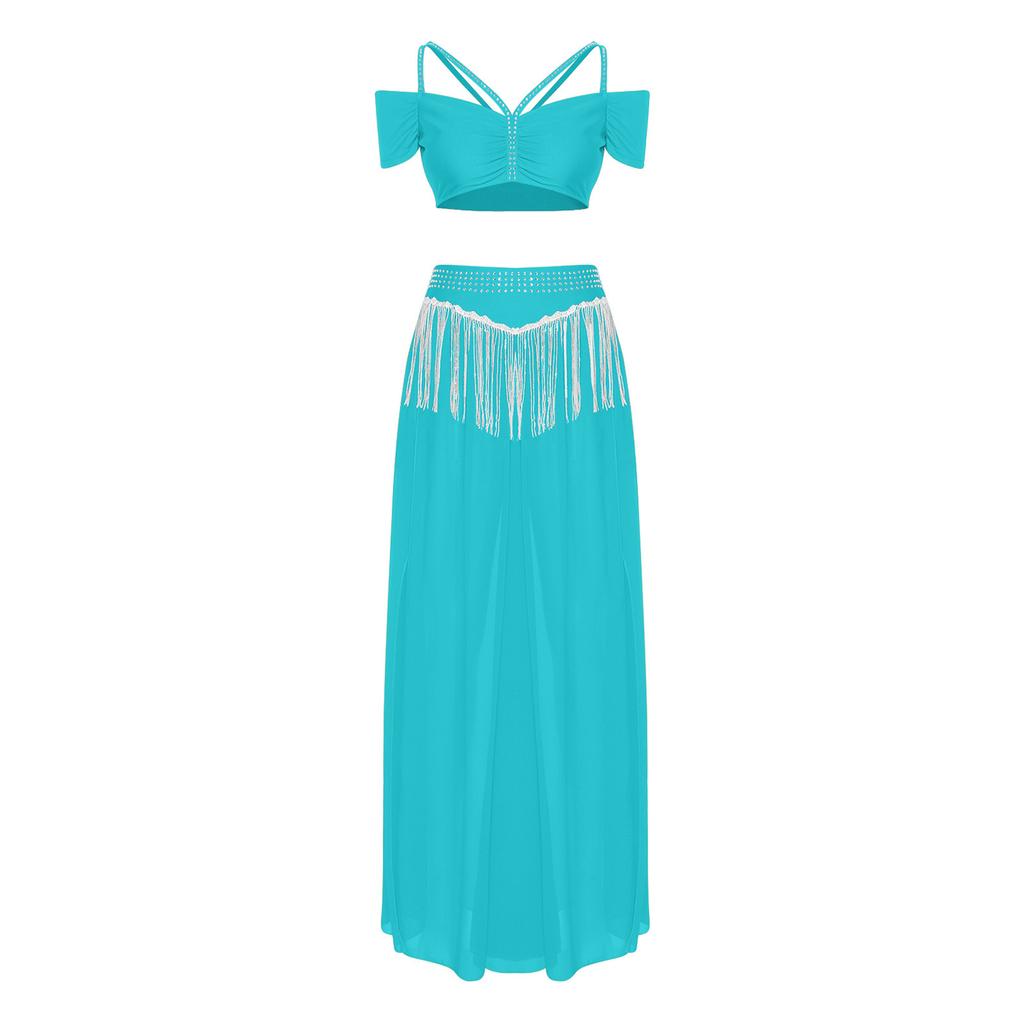 Womens Chiffon Wide Leg Pants Sequins Tassel Slit Belly Dance Culottes Cold Shoulder Crop Top Rhinestone Waist Set