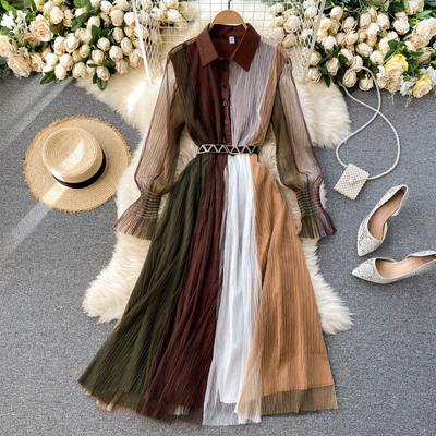 Robe de piste en maille épissure pour femmes, rétro, col rabattu, manches bouffantes, boutons, robe trapèze, mode automne, robes Streetwear