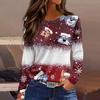 Women's Fashion Casual Slit Hem Round Neck Long Sleeve Loose Christmas Printed T-Shirt Ladies Top